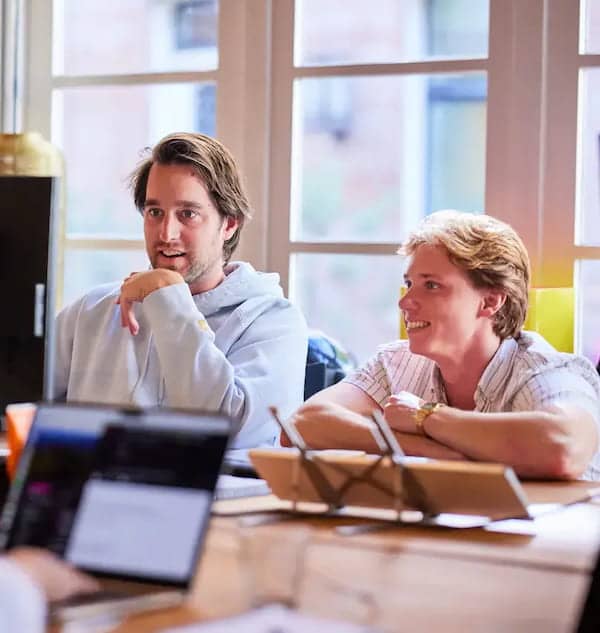 Discussing work with a colleague