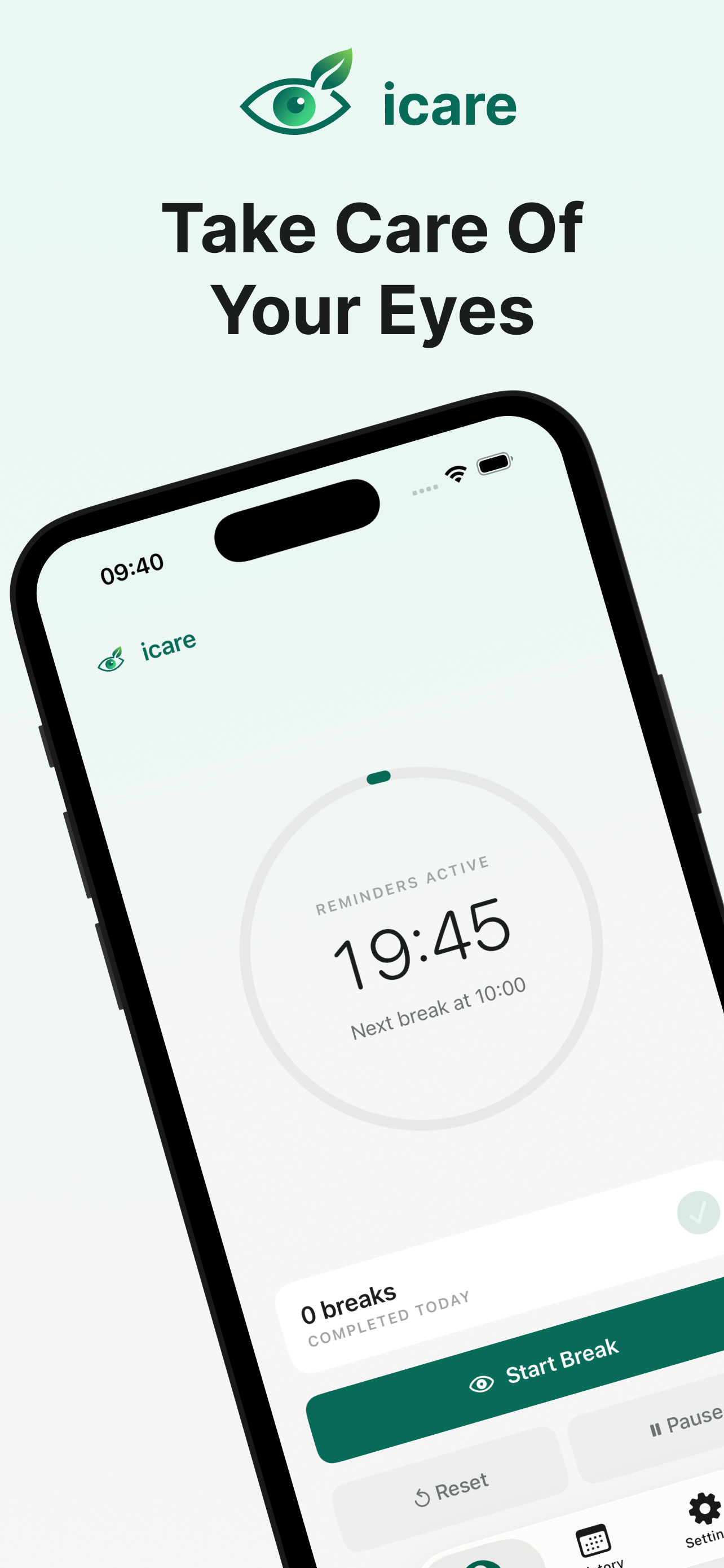 iCare home screen with countdown timer
